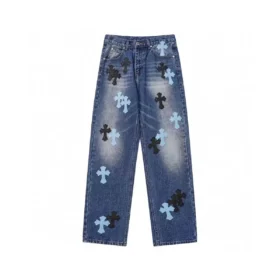 Chrome Hearts svart och cyanblå jeans med Cross Patch